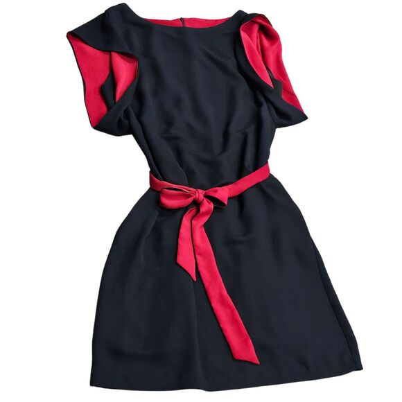 Vintage Black Dress Goth Witchcore Red Peekabo Black Sash Tie Flouce Sleeve - Picture 1 of 9